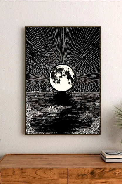 Portrait artwork showing a stylized astronomical view of the moon through a telescope lens, utilizing soft blue and warm gray palette details