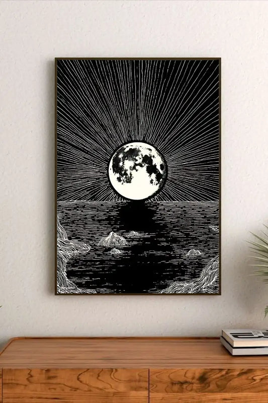 Portrait artwork showing a stylized astronomical view of the moon through a telescope lens, utilizing soft blue and warm gray palette details