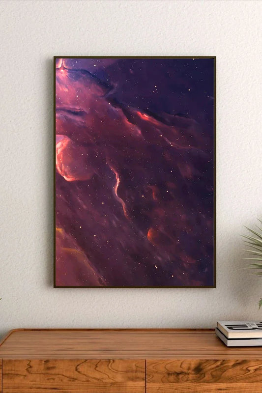 Portrait celestial scene showing distant galaxies and stellar dust in shades of light blue, soft violet, and deep space black void