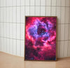 Portrait oriented cosmic artwork depicting a deep space nebula, featuring swirling patterns of sapphire blue and magenta gas clouds
