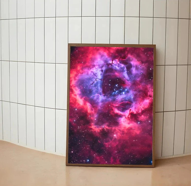 Portrait oriented cosmic artwork depicting a deep space nebula, featuring swirling patterns of sapphire blue and magenta gas clouds