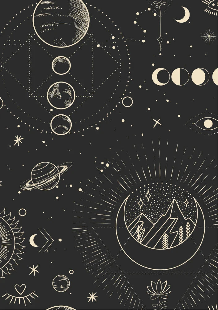 Composition of bright, sharp white ellipses and interconnecting abstract lines forming an astrological map on a midnight blue field