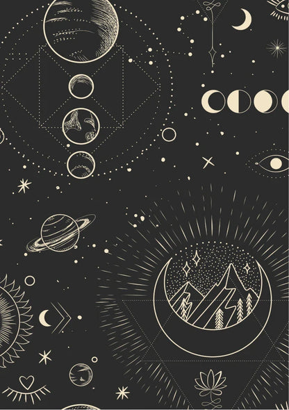 Composition of bright, sharp white ellipses and interconnecting abstract lines forming an astrological map on a midnight blue field
