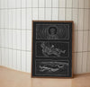 Vertical astronomical poster featuring deep indigo and black space; subtle glowing constellations map across a scientific blueprint aesthetic