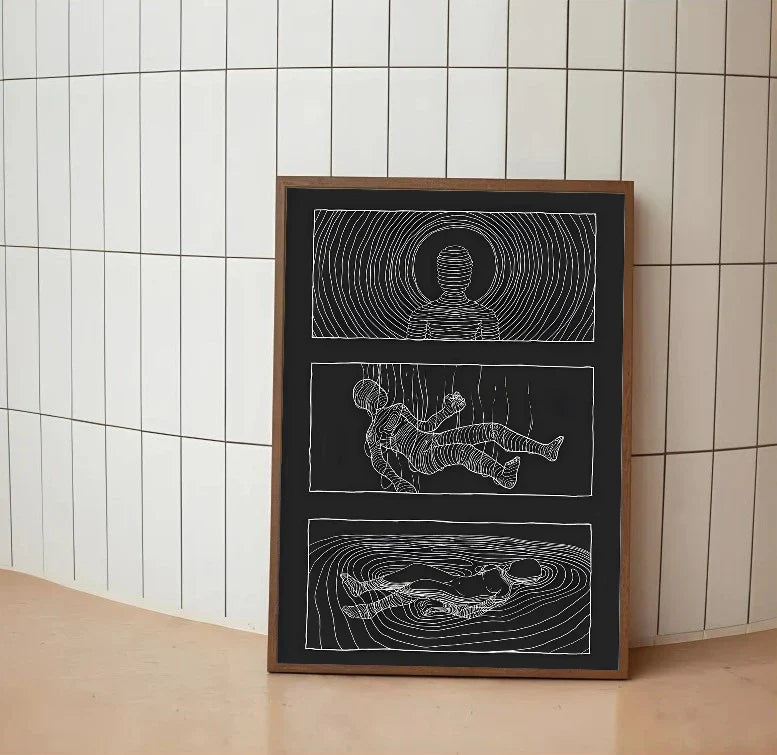 Vertical astronomical poster featuring deep indigo and black space; subtle glowing constellations map across a scientific blueprint aesthetic