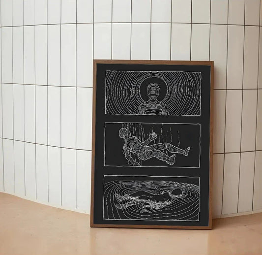Vertical astronomical poster featuring deep indigo and black space; subtle glowing constellations map across a scientific blueprint aesthetic