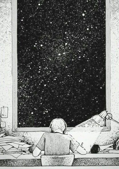 Detailed illustration of stellar constellations viewed through a vintage telescope, featuring rich blues, blacks, and glowing nebula colors