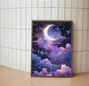 Detailed telescopic illustration showcasing swirling nebulas in sapphire blue, purple, and teal shades across deep space