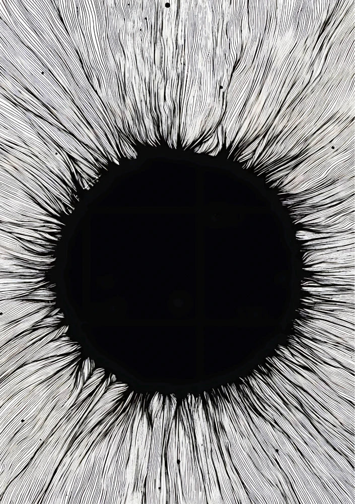 Detailed composition of intersecting abstract lines and angular structures, forming a dense pattern in dark monochrome tones