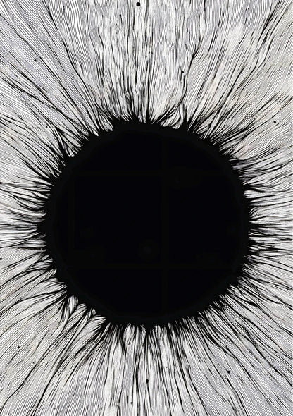 Detailed composition of intersecting abstract lines and angular structures, forming a dense pattern in dark monochrome tones