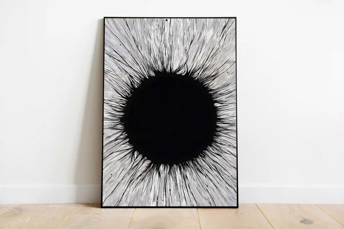 Abstract graphic poster with stark black and white geometry, depicting interwoven structural elements and clean architectural lines