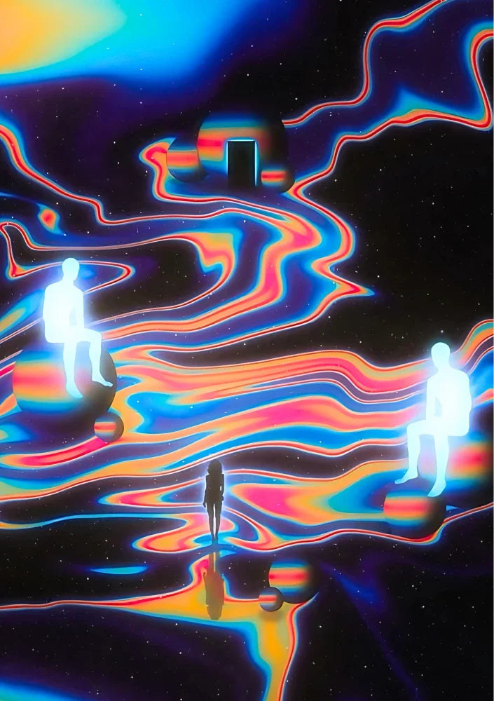 Warm gradient poster transitioning from vivid yellows and oranges into cool blues with sweeping, curved pathways, suggesting heat map dimensions