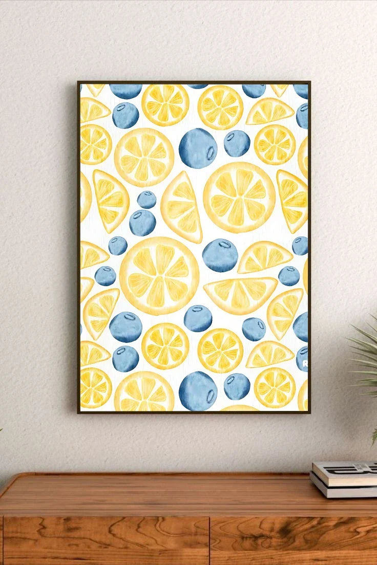 Vibrant botanical art poster showing detailed citrus fruit illustrations, green foliage, and cursive lettering on a bright white background