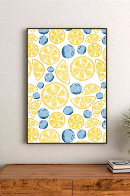 Vibrant botanical art poster showing detailed citrus fruit illustrations, green foliage, and cursive lettering on a bright white background