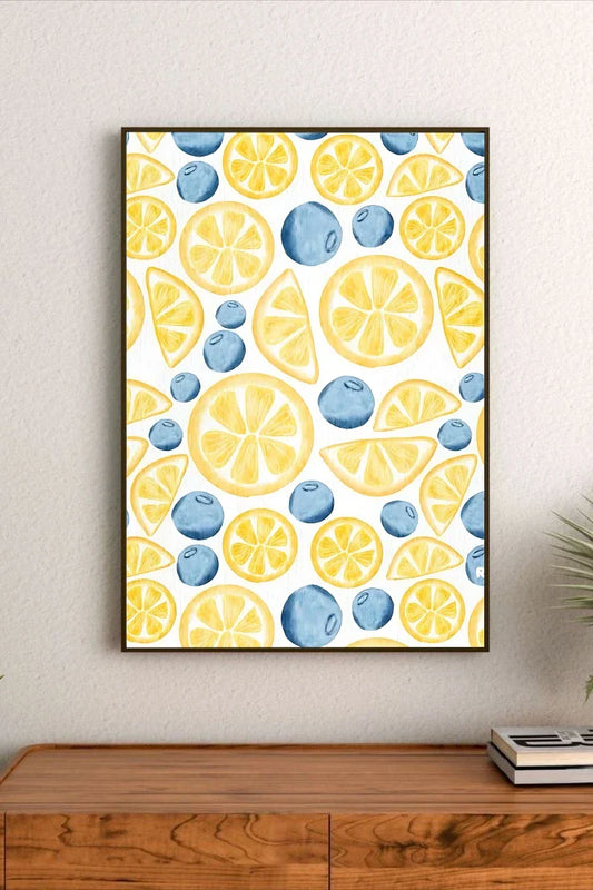 Vibrant botanical art poster showing detailed citrus fruit illustrations, green foliage, and cursive lettering on a bright white background