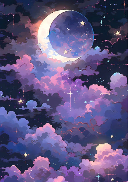 Expansive portrait design of distant galaxies featuring bright yellow gas clouds contrasted against deep blue interstellar void