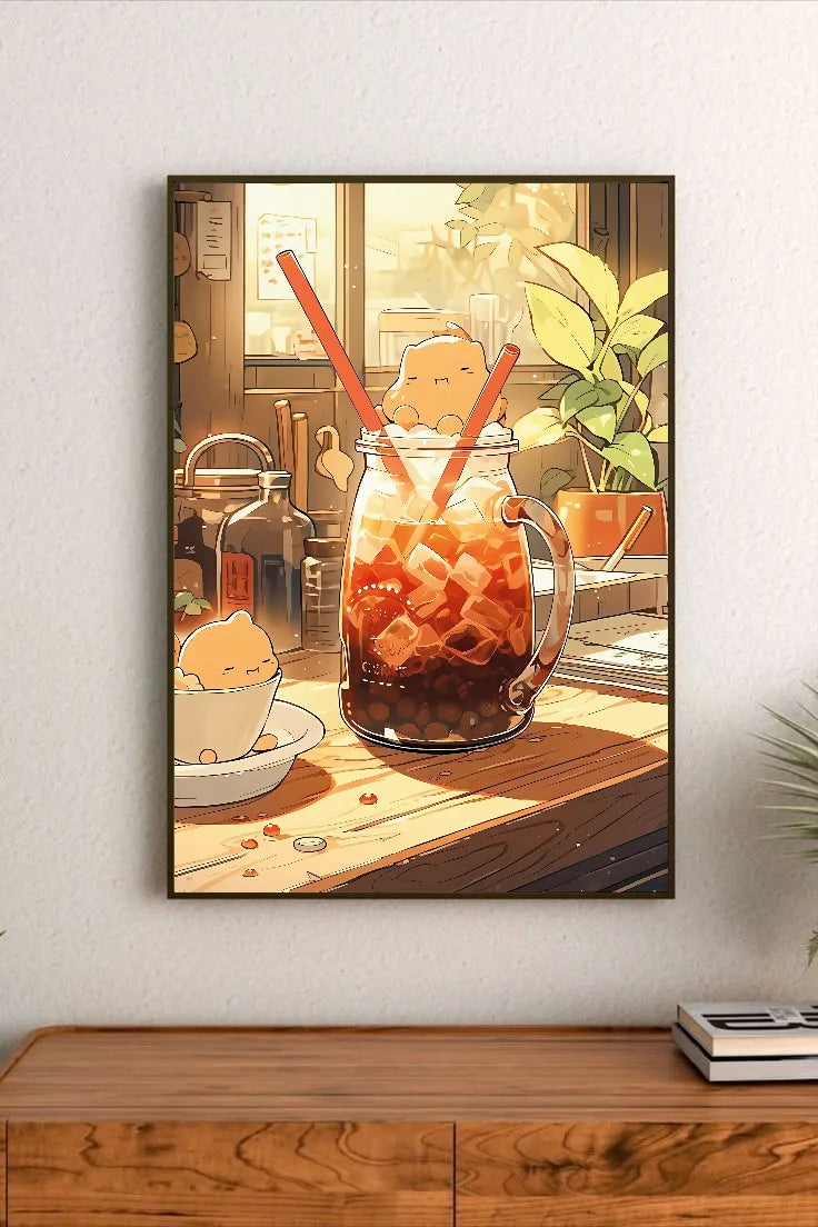 Portrait-style illustration depicts a glass jar filled with iced coffee and boba, two straws, and a small plush character nestled on top, rendered in