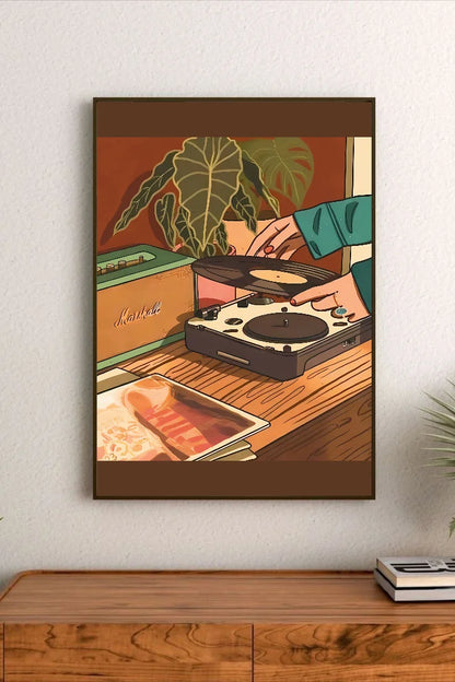 Portrait poster with stylized illustration of hands placing a vinyl record on a turntable, surrounded by plants and album art, in warm earth tones