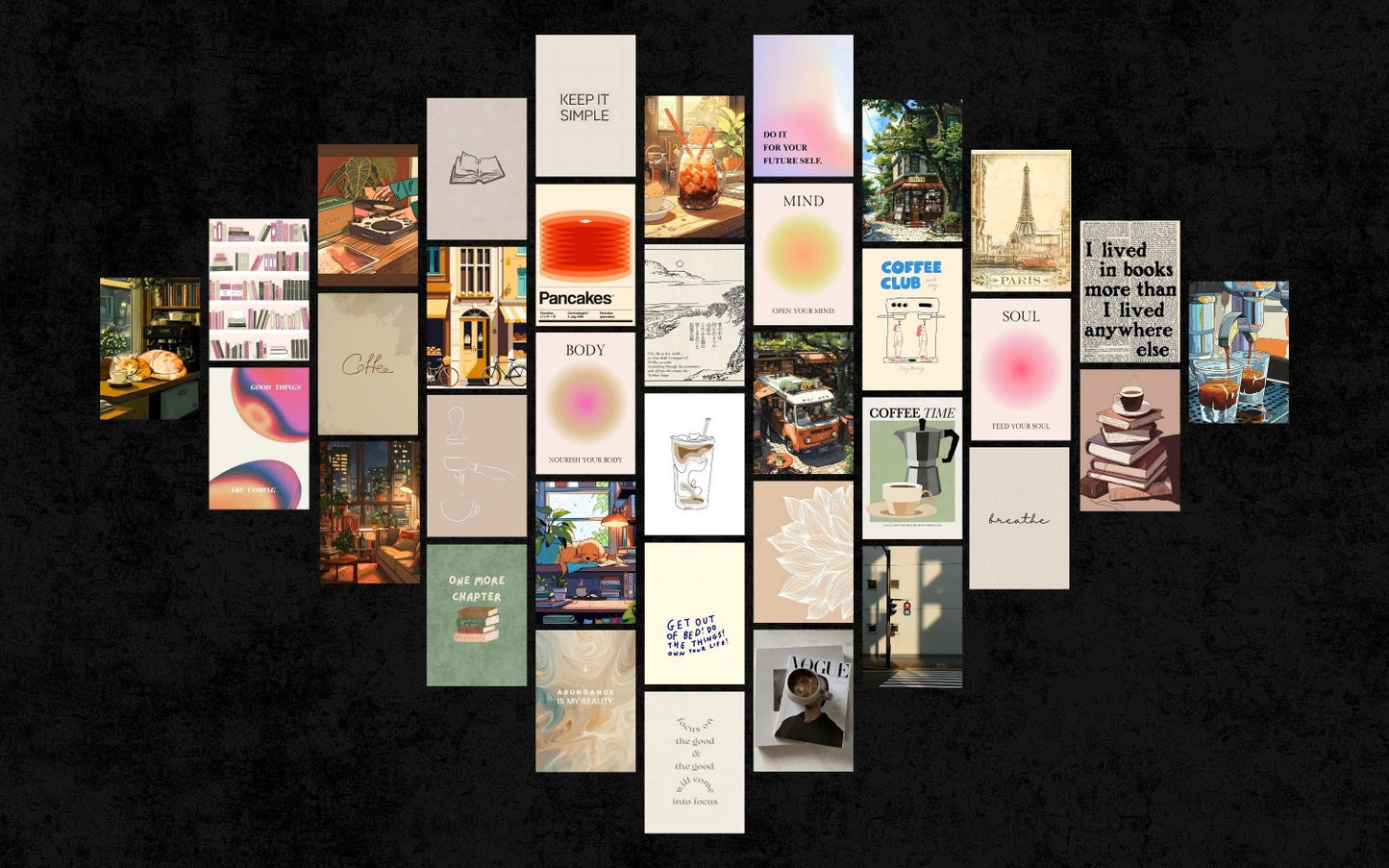 Collage of various small images arranged in a decorative pattern on a dark background