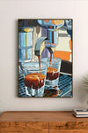 Portrait poster featuring stylized coffee machine pouring espresso into two cups, with layered color palette and geometric design elements