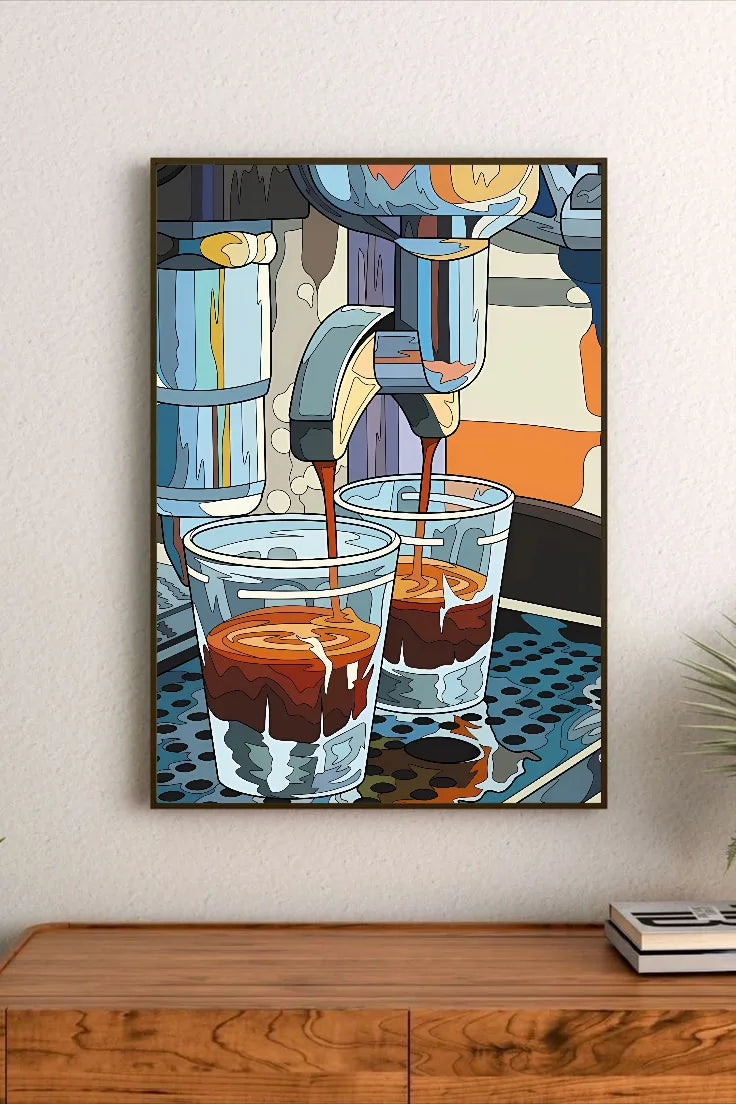Portrait poster featuring stylized coffee machine pouring espresso into two cups, with layered color palette and geometric design elements