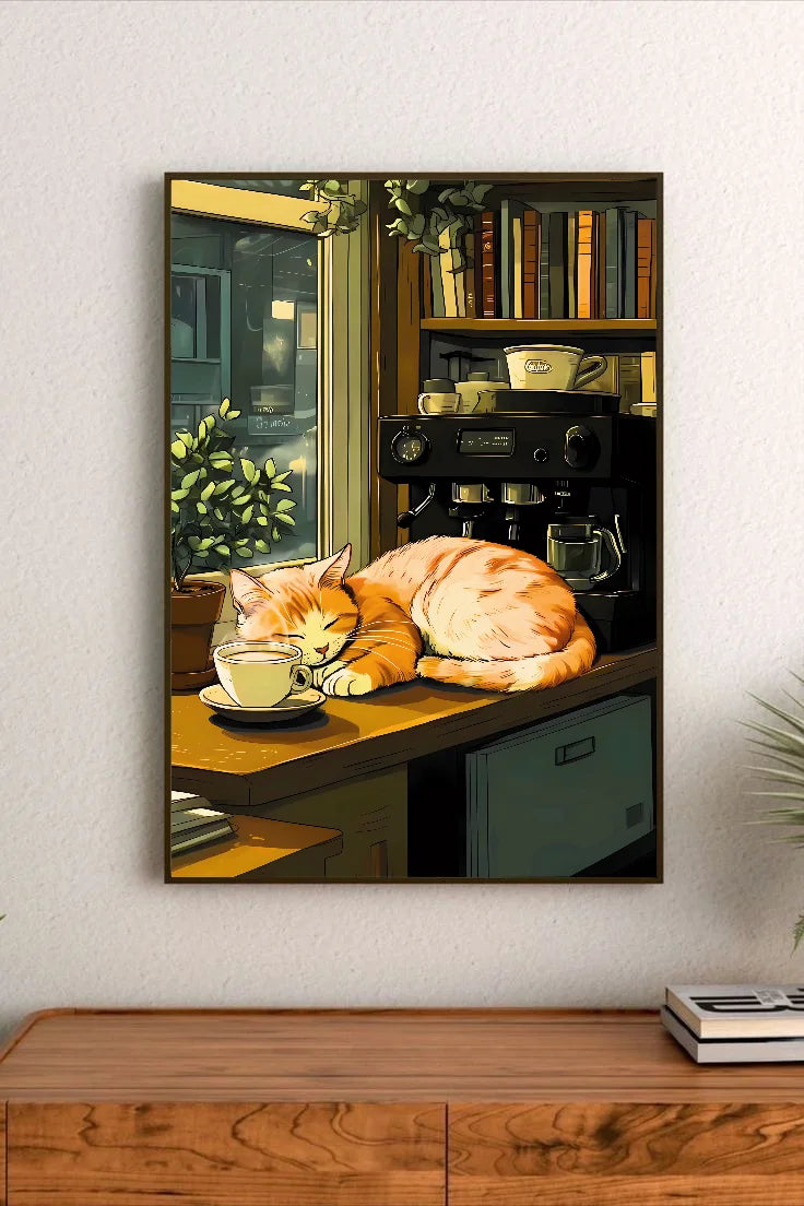 Portrait poster depicts an orange tabby cat sleeping on a counter beside coffee cups and a espresso machine, rendered in warm, soft tones