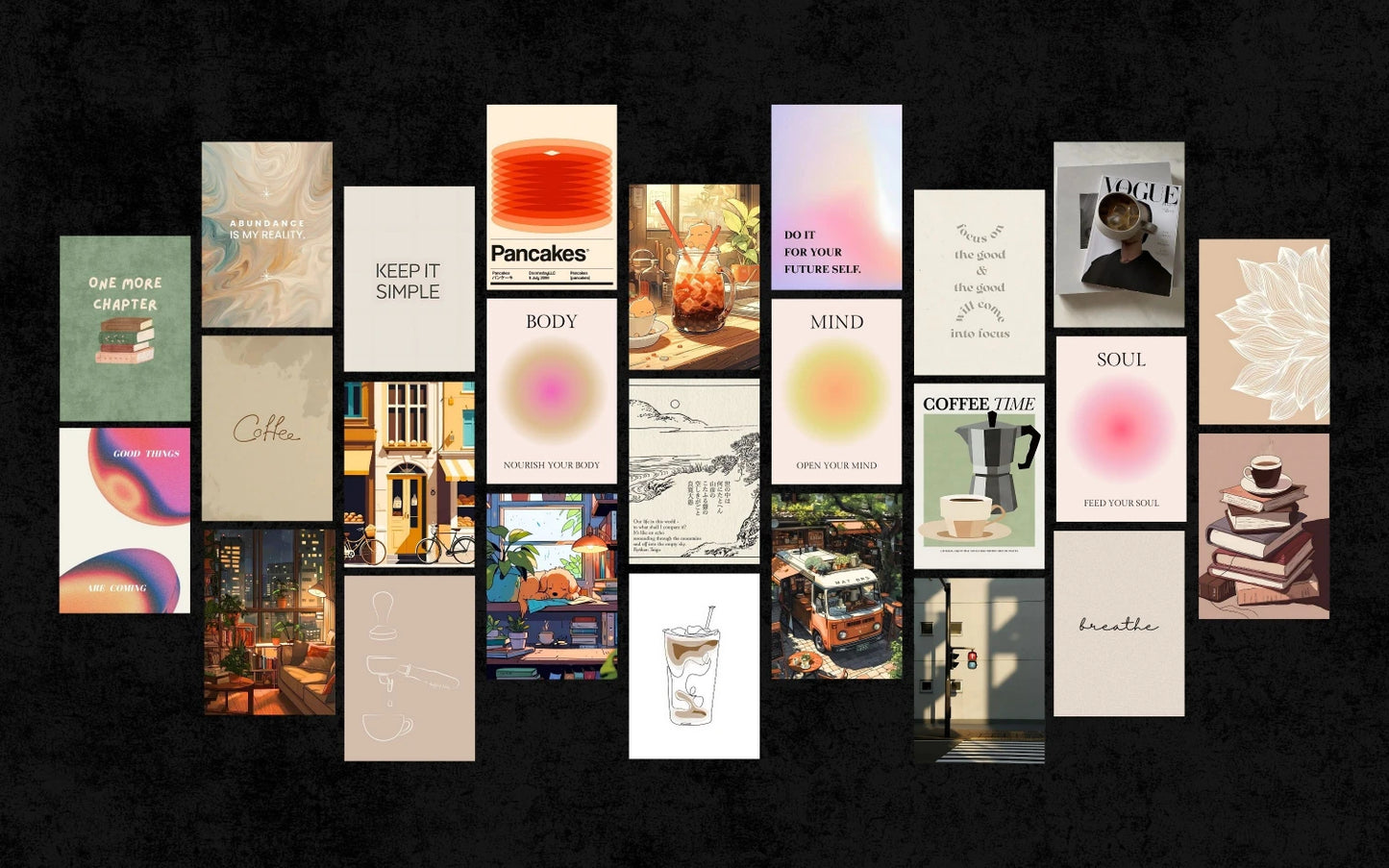 Collection of various posters with different designs and text on a black background
