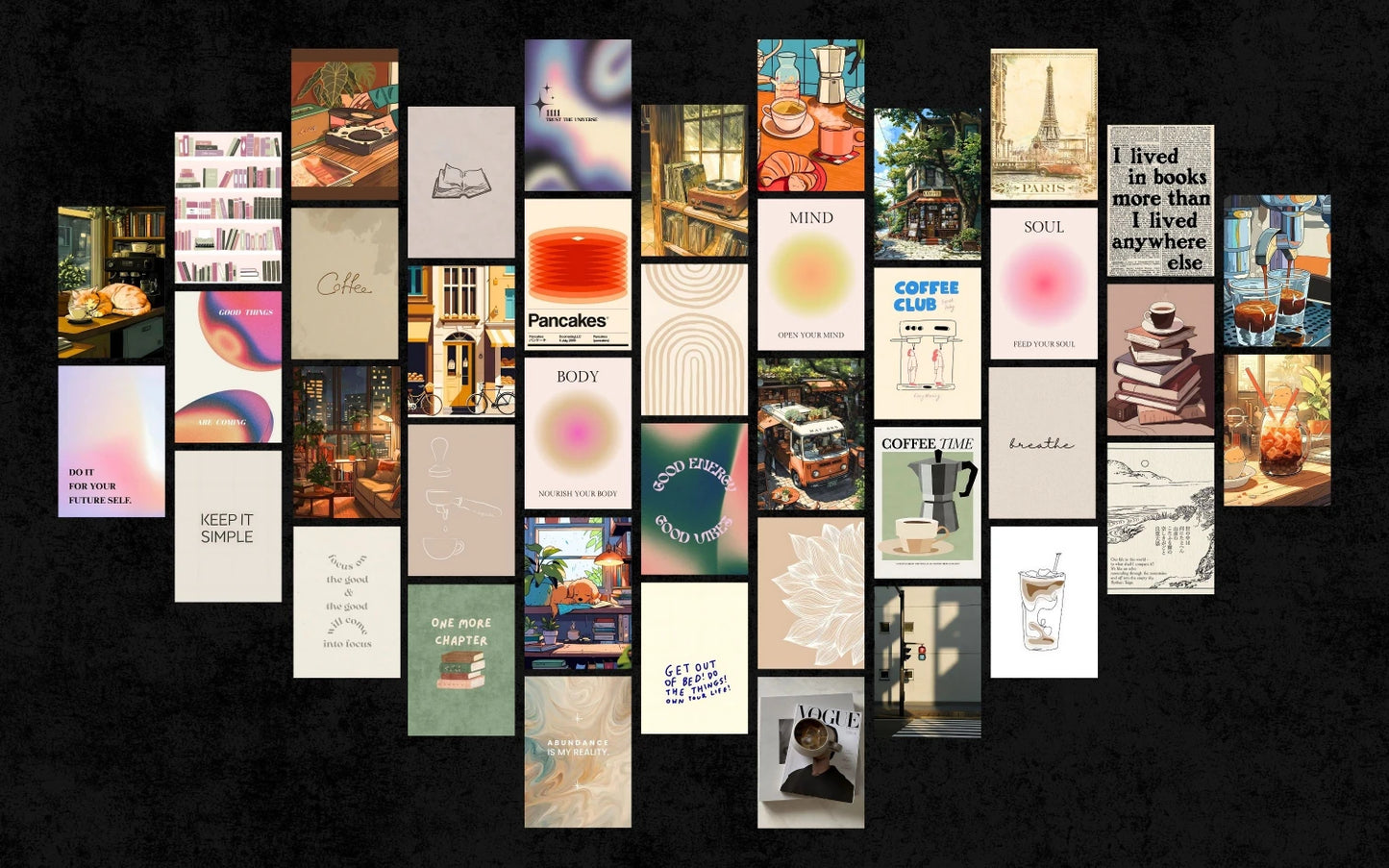 Collage of various book-themed cards on a dark background
