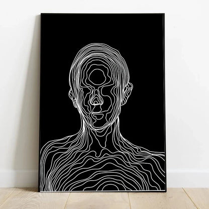 Abstract portrait design featuring cool blue and purple contour lines over a dark background, depicting energetic, dimensional flow patterns