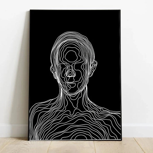 Abstract portrait design featuring cool blue and purple contour lines over a dark background, depicting energetic, dimensional flow patterns