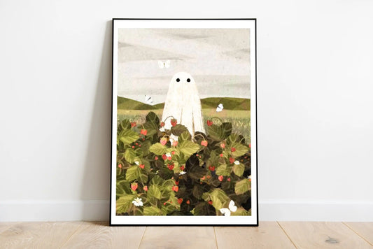 Watercolor poster art depicting a charming cottagecore arrangement of ripe berries, rambling flowers, and muted greenery