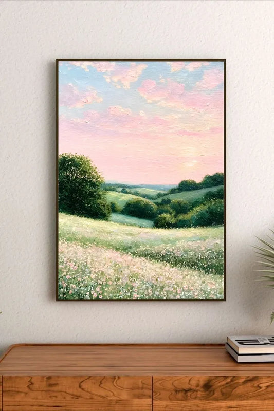 Cottagecore watercolor artwork depicting dense vertical reeds and wildflowers growing along a tranquil bank edge in lush green and pale yellow tones