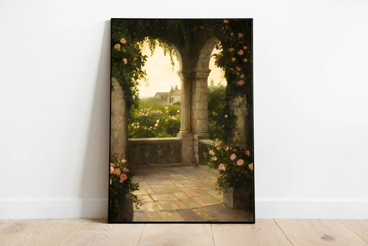 Whimsical portrait illustration featuring a small ghost among light pastel flowers and green foliage, capturing a sweet cottage-core aesthetic design