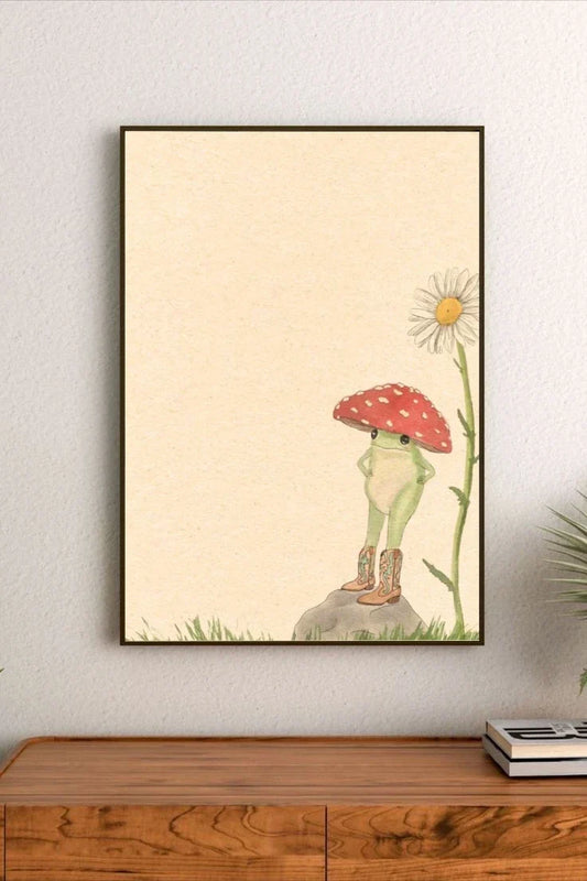 Whimsical cottage-core poster featuring a sprawling, pastoral strawberry farm scene with lush green foliage and scattered red berries