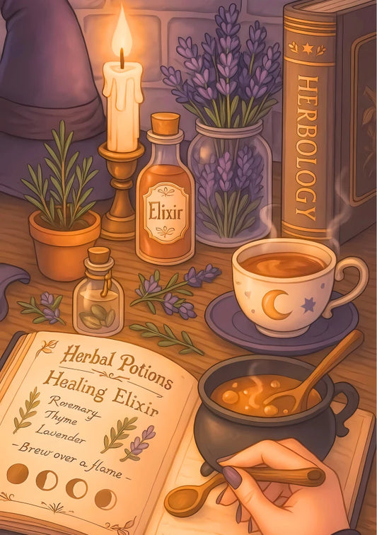 Artwork depicting whimsical cottagecore style, featuring detailed botanical illustration of moons and wildflowers in soft earth tones