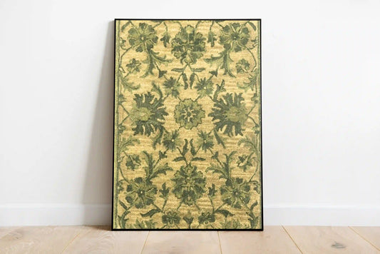 Delicate botanical illustrations depicting preserved moss samples and wildflowers, rendered in muted earth greens on a creamy background