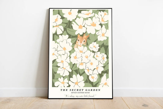 Vertical cottagecore artwork featuring illustration of red strawberries and assorted mushrooms against a pale background; botanical style