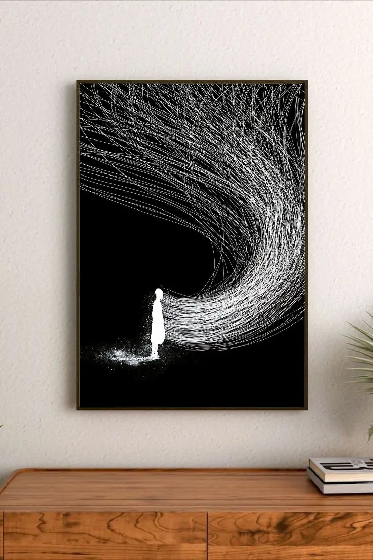 Detailed portrait artwork depicting complex geometric force field patterns composed of interconnected blue and white segmented energy structures