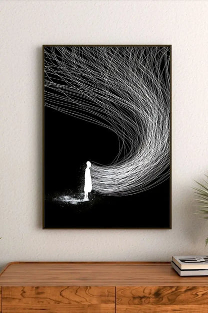 Detailed portrait artwork depicting complex geometric force field patterns composed of interconnected blue and white segmented energy structures