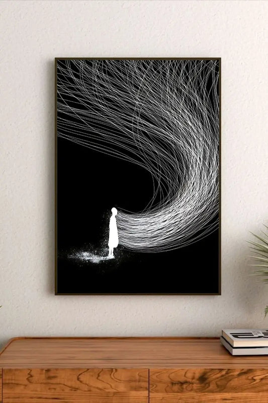 Detailed portrait artwork depicting complex geometric force field patterns composed of interconnected blue and white segmented energy structures