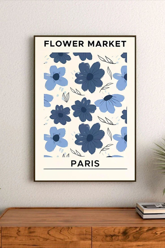 Watercolor floral art in deep midnight blues and purples, depicting stylized blooming botanicals with subtle Parisian script typography