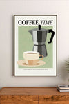 Portrait poster featuring a Moka pot and coffee cup in geometric style against a muted green background with bold "COFFEE TIME" typography