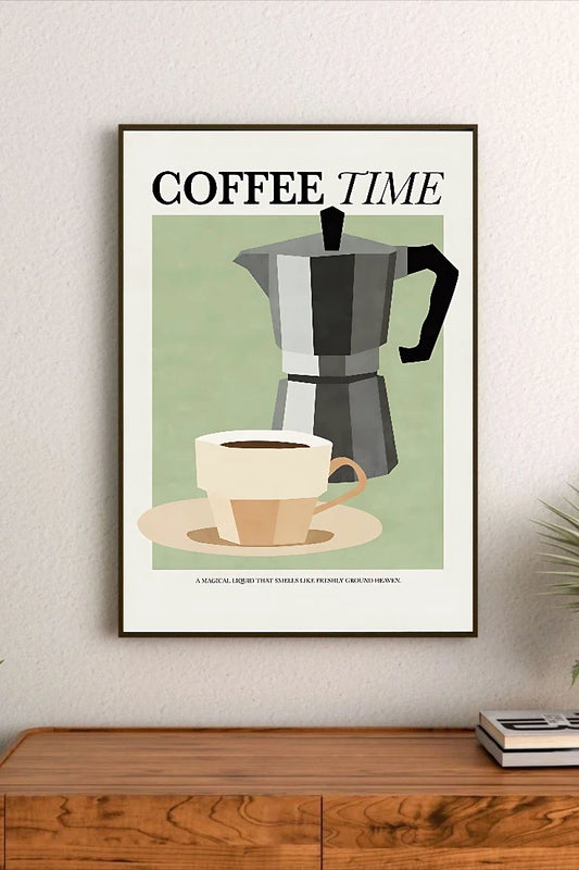 Portrait poster featuring a Moka pot and coffee cup in geometric style against a muted green background with bold "COFFEE TIME" typography