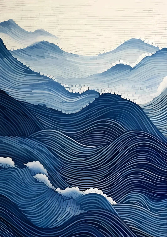 Deep blue abstract artwork showing fluid rolling midnight waves with saturated blues and cyan gradients suggesting vast, luminous underwater depths