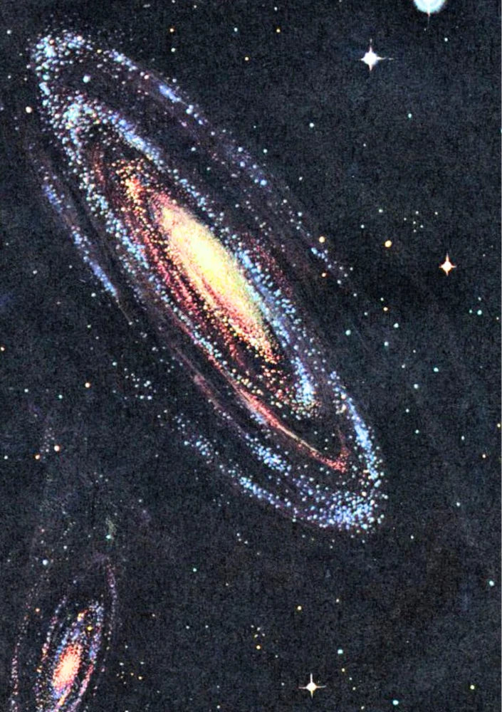 Vintage celestial poster art: Line drawings of constellations, planetary orbits, and astronomical tools on a deep indigo background with gold accents