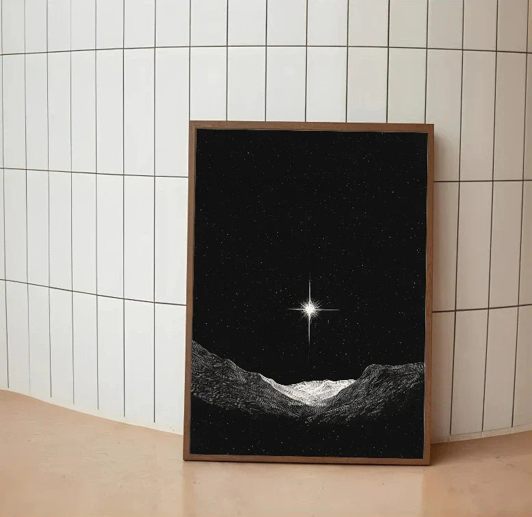 Deep blue sci-fi poster showing a telescope aimed high into a starry night sky with nebulous red cloud accents overhead
