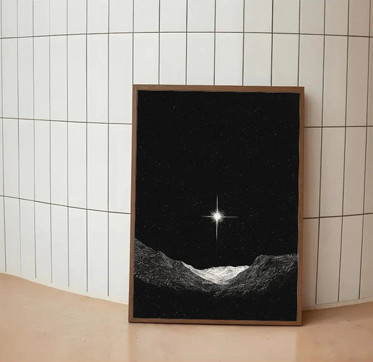 Deep blue sci-fi poster showing a telescope aimed high into a starry night sky with nebulous red cloud accents overhead