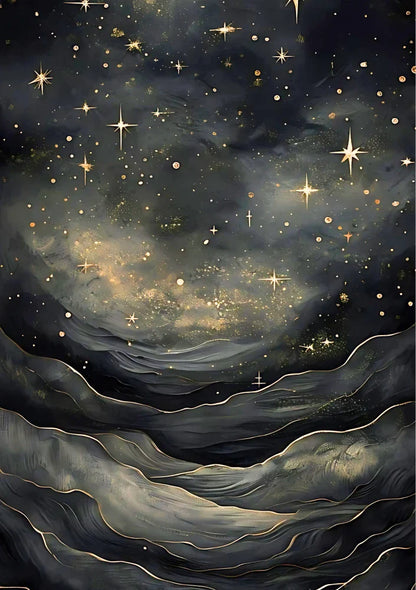Portrait poster featuring deep space nebulas, showing vibrant swirls of blue, purple, magenta, and cyan gas against a black backdrop dotted with stars