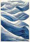 Dynamic abstract print featuring layers of varying blues, teals, and navy hues suggesting powerful, deep-sea tidal currents