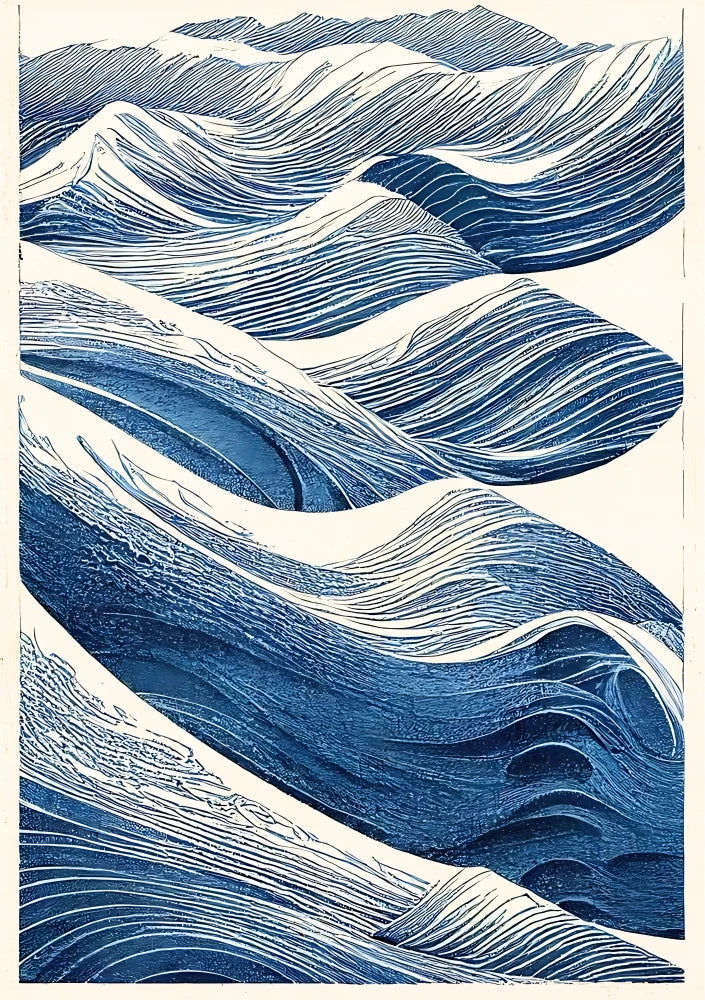 Dynamic abstract print featuring layers of varying blues, teals, and navy hues suggesting powerful, deep-sea tidal currents